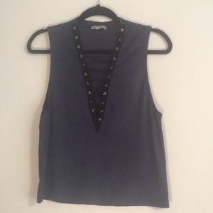 Blue sueded Sleeveless top - black lace up detail